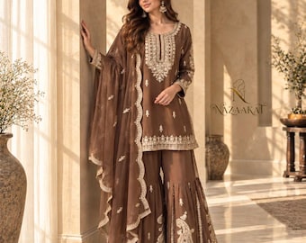 Salwar Kameez-pak met Indiase borduursels, Sharara Kurti-pak, Georgette feestoutfit 3-delig, bruidspak
