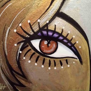 May include: Close-up of an artistic painting of an eye. The eye features a brown iris, white and purple accents, and black eyelashes. The surrounding skin is painted in shades of gold and tan, with white dots. The artist's signature is in the lower left corner.