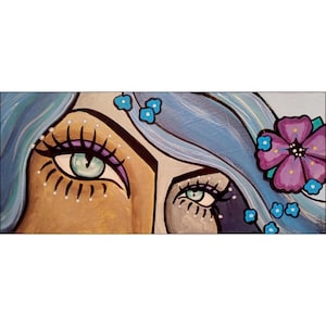 May include: A vibrant painting featuring two stylized eyes with long lashes and light green irises. The artwork includes blue hair adorned with a purple flower and small blue blossoms, set against a neutral background. The style is reminiscent of pop art.