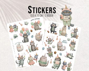 Funny Cat Birthday Stickers | Party Hats, Dark Green (2 Sheets)