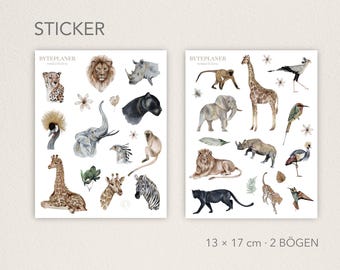 Aquarell Safari Stickerbogen Set – handgemalte Wildtier-Sticker für Planer, Journal & Scrapbook