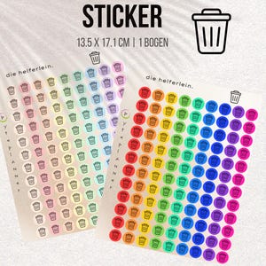 Może przedstawiać: Dwa arkusze naklejek z okrągłymi naklejkami w kolorach tęczy z czarną ikoną kosza na śmieci. Tekst "STICKER" znajduje się na górze, o wymiarach 13,5 x 17,1 cm. Widoczny jest również tekst "die helferlein".