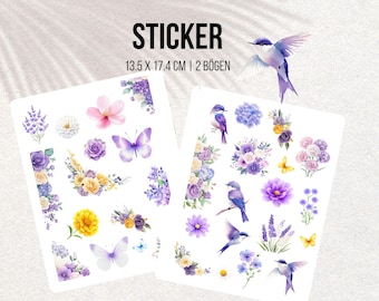 Floral Stickers: Purple, Pink, Blue Roses & Butterflies - 2 Sheets
