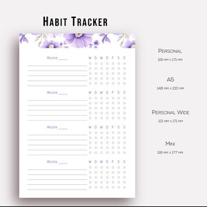 May include: A white habit tracker with a floral design in purple and lavender. The tracker includes sections for weekly habits, with space for the days of the week. The sizes are Personal (4.6 x 6.7 inches), A5 (5.8 x 8.3 inches), Personal Wide (4.8 x 6.7 inches), and Mini (4.6 x 7 inches).
