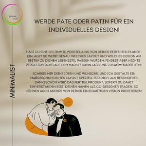 May include: A minimalist design advertisement with text in German. The image features a graphic of two men in suits, a speech bubble, and the words "WERDE PATE ODER PATIN F&Uuml;R EIN INDIVIDUELLES DESIGN!"