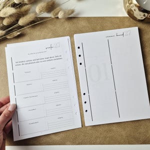 May include: Two white planner pages with black text and lines. The left page features sections for goals like Finanzen, Karriere, Familie, and Gesundheit with the text 'Sei konkret, pr&auml;zise und hab keine Angst davor'. The right page is titled 'vision board 27'.