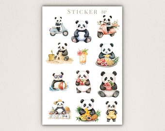 May include: A sticker sheet labeled STICKER BP featuring twelve watercolor illustrations of pandas. The pandas are depicted in various activities, including riding scooters, building sandcastles, drinking tropical beverages, and eating fruit.