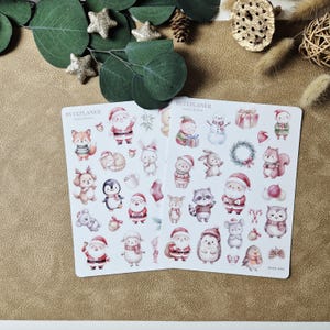Weihnachtssticker im Aquarellstil – 2 Bögen mit Tiermotiven und Weihnachtsmännern