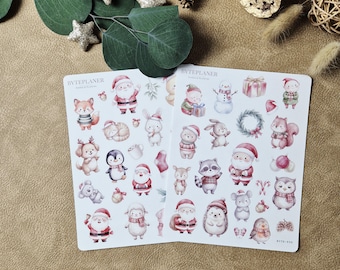 Weihnachtssticker im Aquarellstil – 2 Bögen mit Tiermotiven und Weihnachtsmännern