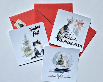 Handgemachte Katzen-Weihnachtskarte | 10x10cm Mini-Karte | Mit Goldfolie & dekorativer Briefmarke | Geschenk für Katzenliebhaber