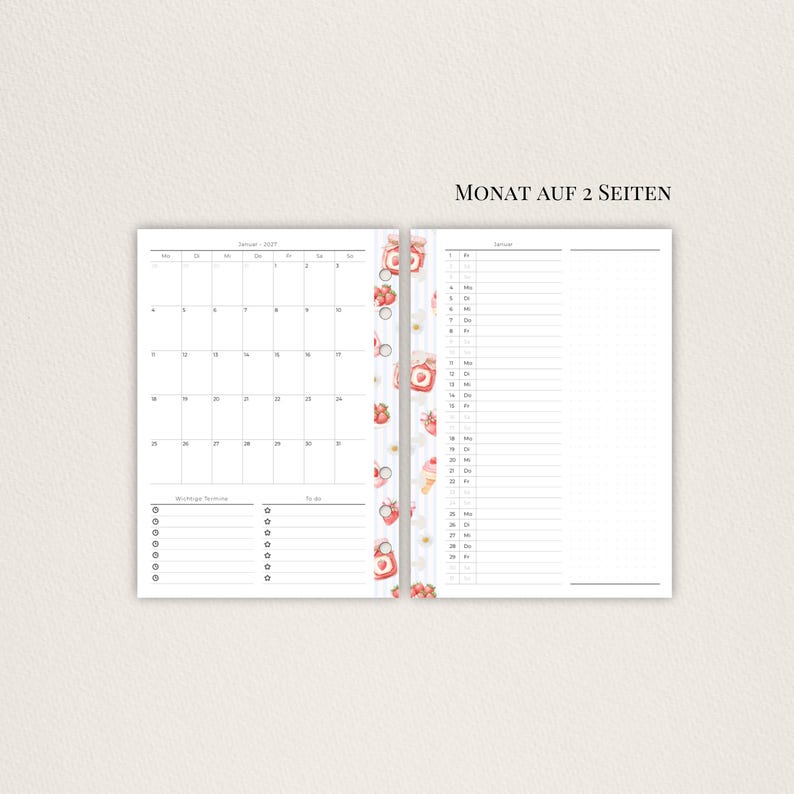 May include: A two-page spread planner with a calendar and lined pages. The left page displays a calendar for January 2022, and the right page has a daily schedule. The planner has a strawberry and jam jar design.