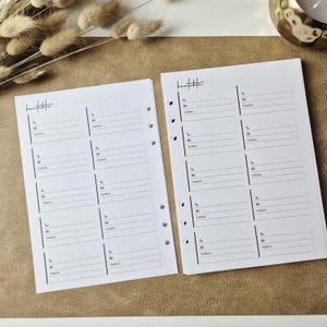 May include: Two white planner insert pages with the word Kontakte printed at the top. Each page features a grid layout with sections for contact information, including icons for phone and email, and a designated space labeled Notizen for notes.
