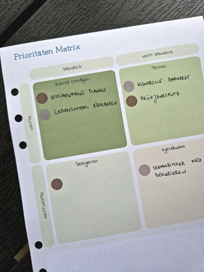 K&ouml;nnte beinhalten: Eine Planerseite mit dem Titel "Priorit&auml;ten Matrix" in Blau. Die Seite ist in Quadranten unterteilt und enth&auml;lt handschriftliche Notizen auf Deutsch, darunter "Zuerst erledigen" und "Wochenmen&uuml; planen".