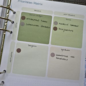 K&ouml;nnte beinhalten: Eine Planerseite mit dem Titel "Priorit&auml;ten Matrix" und handschriftlichen Notizen. Die Seite ist in Abschnitte unterteilt, die mit "dringend", "nicht dringend", "wichtig" und "nicht wichtig" beschriftet sind, mit Aufgaben.