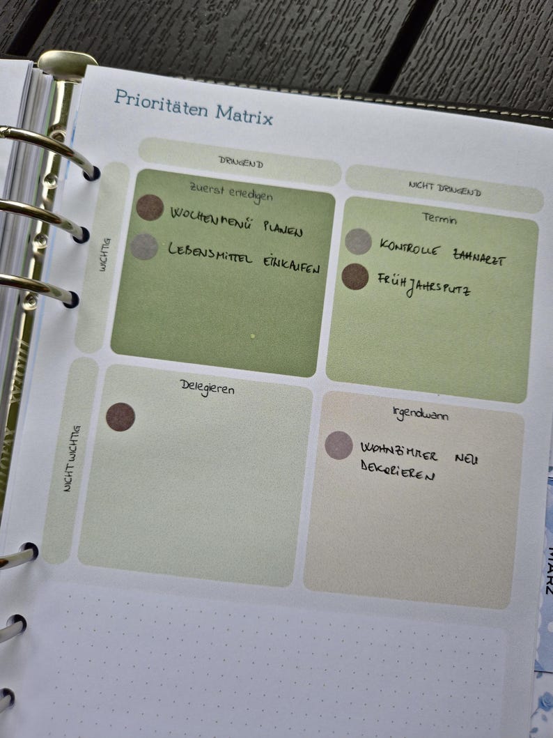 K&ouml;nnte beinhalten: Eine Planerseite mit dem Titel "Priorit&auml;ten Matrix" und handschriftlichen Notizen. Die Seite ist in Abschnitte unterteilt, die mit "dringend", "nicht dringend", "wichtig" und "nicht wichtig" beschriftet sind, mit Aufgaben.