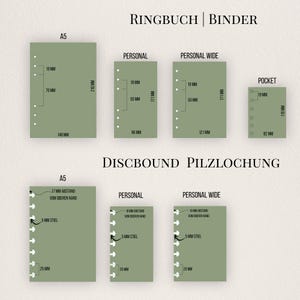 May include: Diagram of ring binder and discbound planner inserts in various sizes, including A5, Personal, Personal Wide, and Pocket. Measurements are provided in millimeters and inches for each insert type, with a green color scheme.