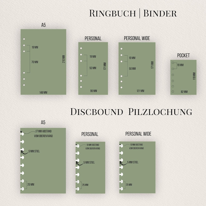 May include: Diagram of ring binder and discbound planner inserts in various sizes, including A5, Personal, Personal Wide, and Pocket. Measurements are provided in millimeters and inches for each insert type, with a green color scheme.