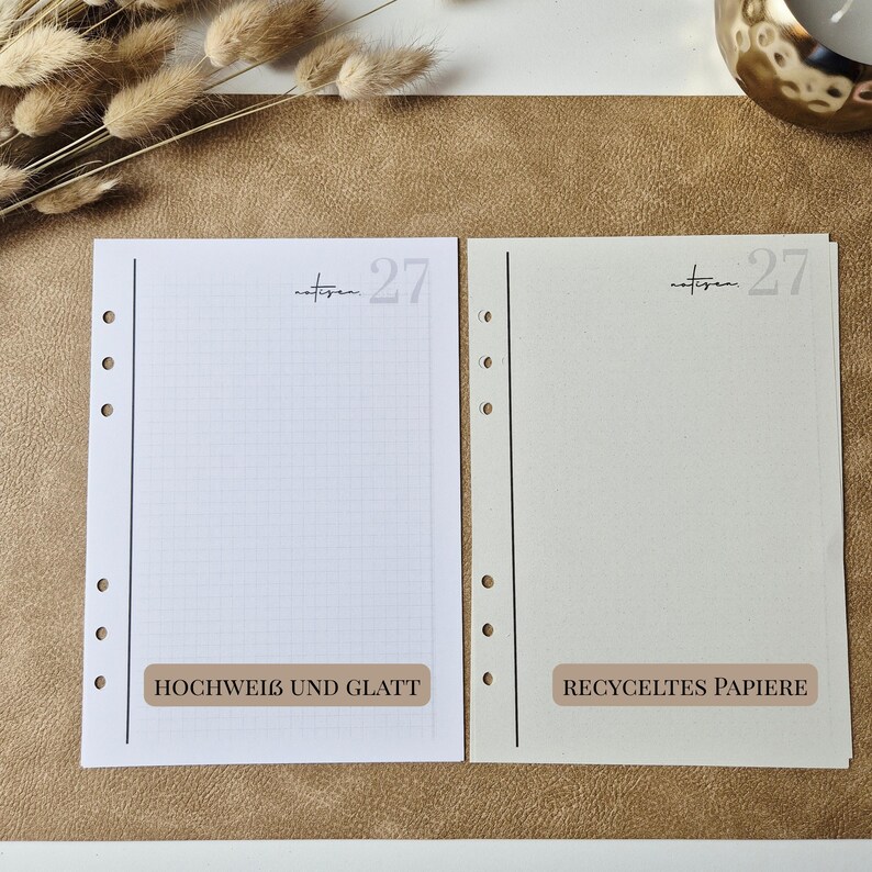 May include: Two rectangular planner refill pages with six punched holes along the left side. The left page is white with a grid pattern, while the right page is off-white and blank. Both feature the text "notizen 27" and bottom labels.