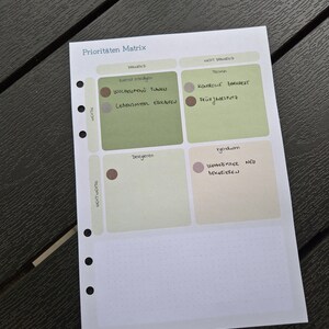 K&ouml;nnte beinhalten: Eine wei&szlig;e Planerseite mit dem deutschen Titel "Priorit&auml;ten Matrix" wird angezeigt. Die Seite ist in Abschnitte mit handschriftlichen Notizen auf Deutsch unterteilt. Der Planer hat ein Punktraster und dient der Priorisierung von Aufgaben.