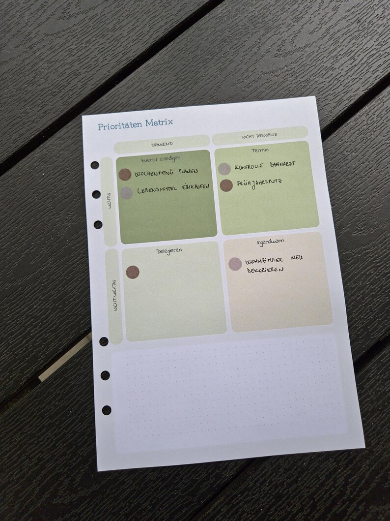 K&ouml;nnte beinhalten: Eine wei&szlig;e Planerseite mit dem deutschen Titel "Priorit&auml;ten Matrix" wird angezeigt. Die Seite ist in Abschnitte mit handschriftlichen Notizen auf Deutsch unterteilt. Der Planer hat ein Punktraster und dient der Priorisierung von Aufgaben.