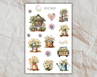 Gänseblümchen Stickerbogen – Cottagecore Blumen Deko Sticker | Journaling, Planner, Scrapbook | Wasserfarben Daisy Set
