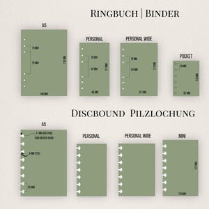 May include: A set of sage green planner inserts in various sizes labeled Ringbuch Binder and Discbound Pilzlochung. The A5, Personal, Personal Wide, and Pocket ring binders show hole spacing in mm. The discbound inserts show spacing and stem details.