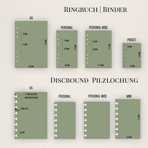 May include: A chart displaying sage green paper inserts for ring binders and discbound systems. The ring binder section shows A5, Personal, Personal Wide, and Pocket sizes with measurements in mm. The discbound section shows A5, Personal, Personal Wide, and Mini sizes with specific spacing and stem dimensions labeled.