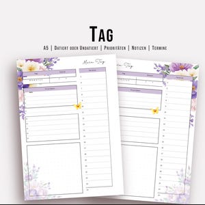 Può includere: Due pagine di pianificatore giornaliero A5 con un design floreale viola e bianco. Le pagine hanno sezioni per data, priorità, note e appuntamenti. La parola "TAG" è in alto.