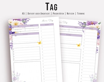 A5 Daily Planner Inserts | Purple Floral Design, 30 Pages