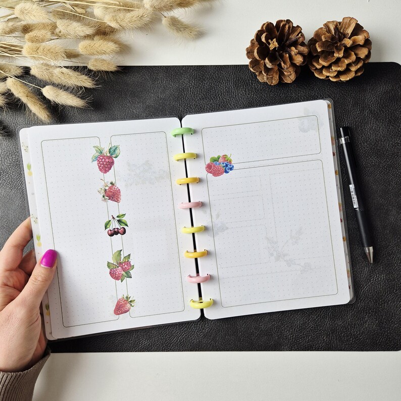 May include: A disc-bound planner with white dotted pages featuring watercolour fruit illustrations of raspberries, strawberries, and cherries. The planner has colourful plastic discs along the spine and is accompanied by a black pen.
