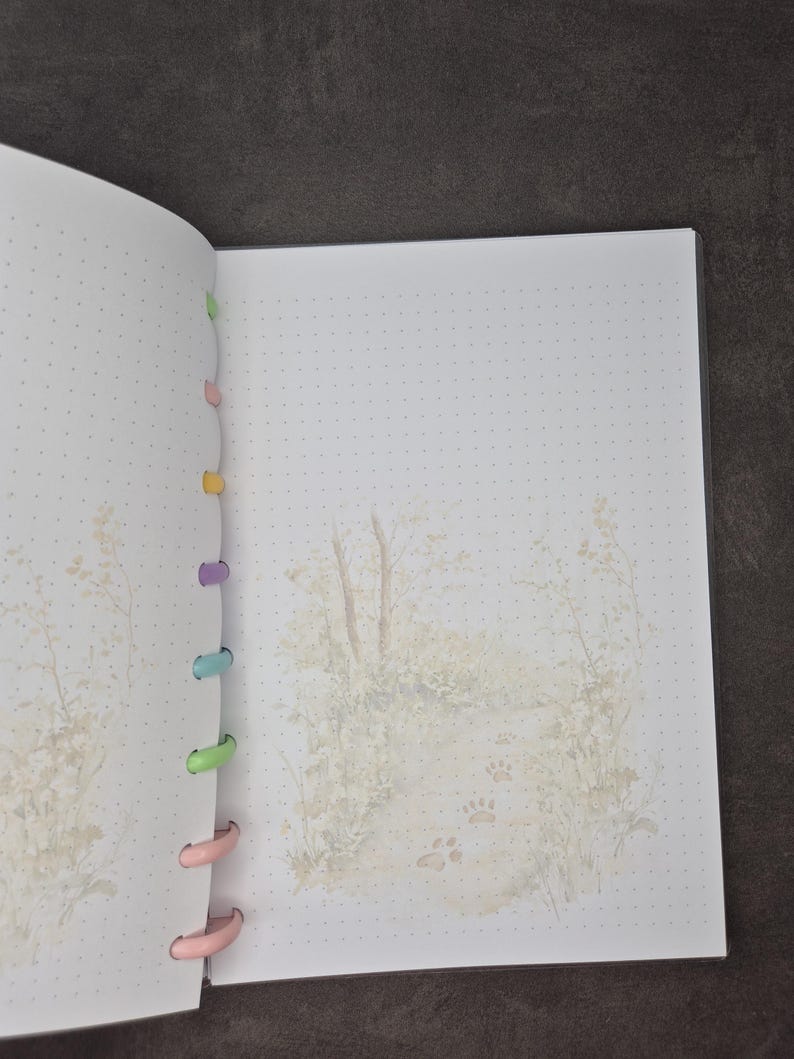 May include: Open notebook with dot grid pages and a watercolor illustration of a path with paw prints. The notebook has colorful plastic disc binding and a soft, neutral color palette.
