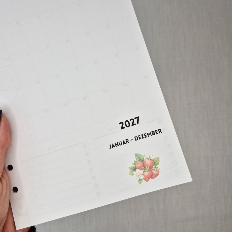 May include: A white 2027 calendar page with the text "JANUAR - DEZEMBER" and a strawberry illustration. The calendar has a grid layout for monthly planning and is held by a hand.