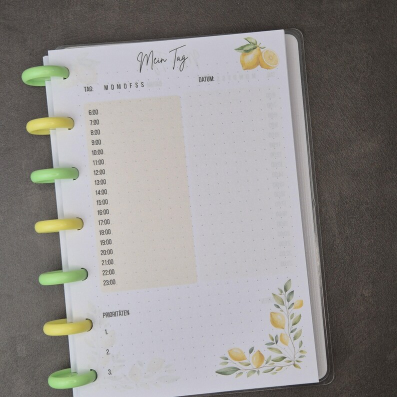 May include: A planner with a white interior, featuring a daily schedule and priority list. The planner has a lemon and leaf design in the corner and at the top. The planner is held together with green and yellow rings.