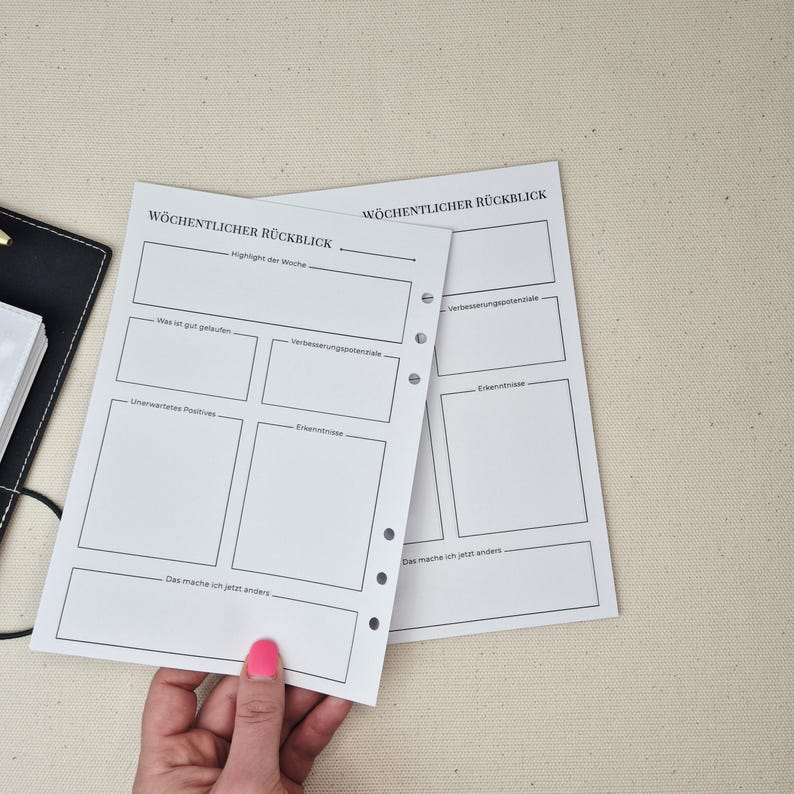May include: Two white paper planner inserts with black text and lines. The header reads W&Ouml;CHENTLICHER R&Uuml;CKBLICK. Sections include Highlight der Woche, Was ist gut gelaufen, Verbesserungspotenziale, Unerwartetes Positives, Erkenntnisse, and Das mache ich jetzt anders.