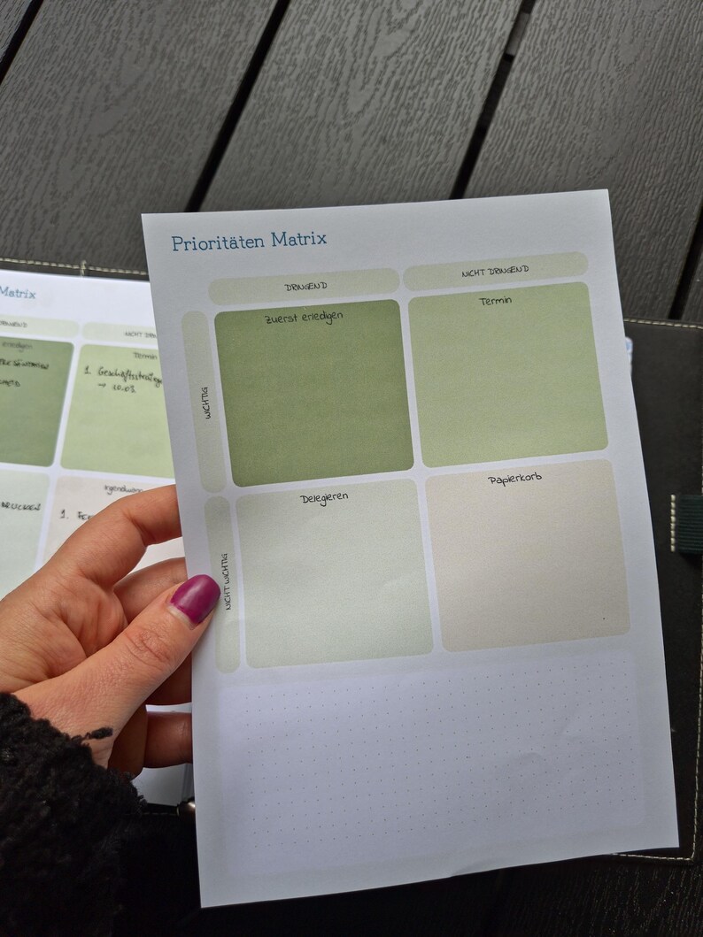 K&ouml;nnte beinhalten: Ein wei&szlig;es Papier mit dem Titel "Priorit&auml;ten Matrix" in blauer Schrift. Das Papier hat ein Raster mit vier farbigen K&auml;stchen in Gr&uuml;n- und Beiget&ouml;nen. Das Papier wird von einer Person mit lila Nagellack gehalten.