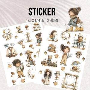 Puede incluir: Dos hojas de pegatinas con ilustraciones en acuarela de niños, animales y elementos otoñales. Las pegatinas incluyen imágenes de una niña con mochila, un erizo, setas y hojas. El texto "STICKER" está en la parte superior. Cada hoja mide 13,5 x 17,4 cm.