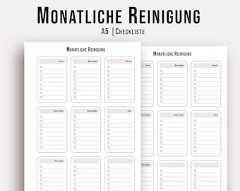 Monatliche Reinigung Checkliste | A5 | Putzplan | Haushaltsplaner | Reinigungsplaner | Gedruckte Einlegeblätter | Planer Zubehör
