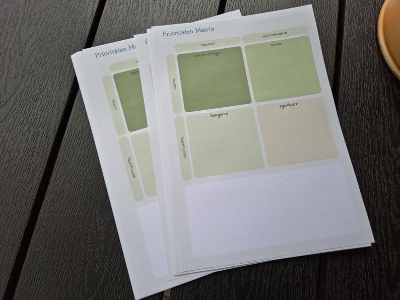 K&ouml;nnte beinhalten: Ein Stapel wei&szlig;er Papierb&ouml;gen mit einem Aufdruck "Priorit&auml;ten Matrix". Das Design zeigt gr&uuml;ne und beige rechteckige K&auml;stchen mit deutschem Text. Die Bl&auml;tter liegen auf einer dunklen Holzoberfl&auml;che.