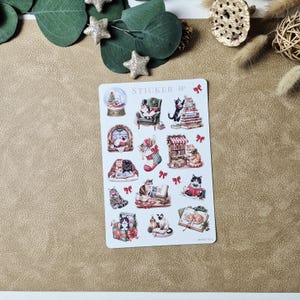 Weihnachtssticker mit Katzen und Büchern – Vintage-Stickerbogen für Journals