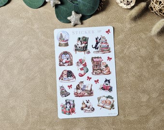Weihnachtssticker mit Katzen und Büchern – Vintage-Stickerbogen für Journals