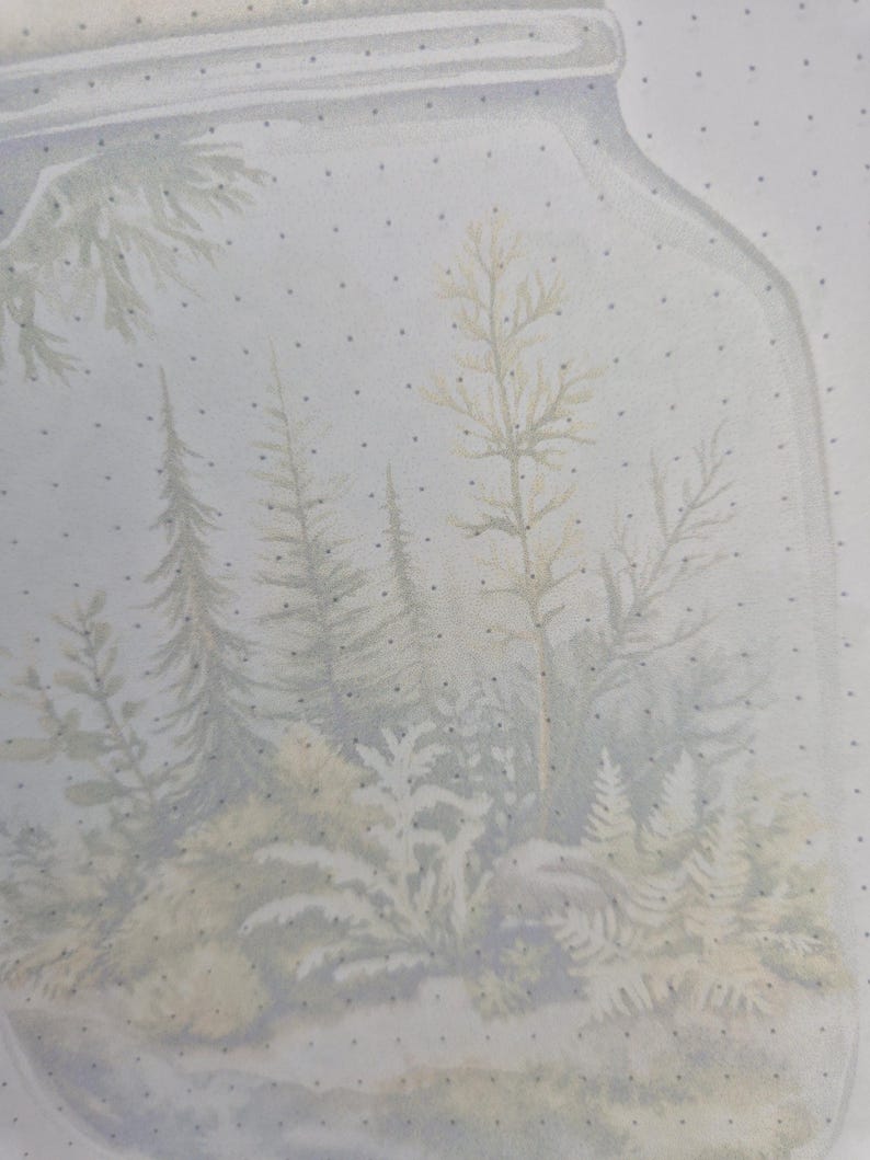 May include: A jar-shaped illustration with a forest scene inside. The artwork features various trees, ferns, and foliage in muted green, beige, and gray tones. The background is a light blue with small black dots.