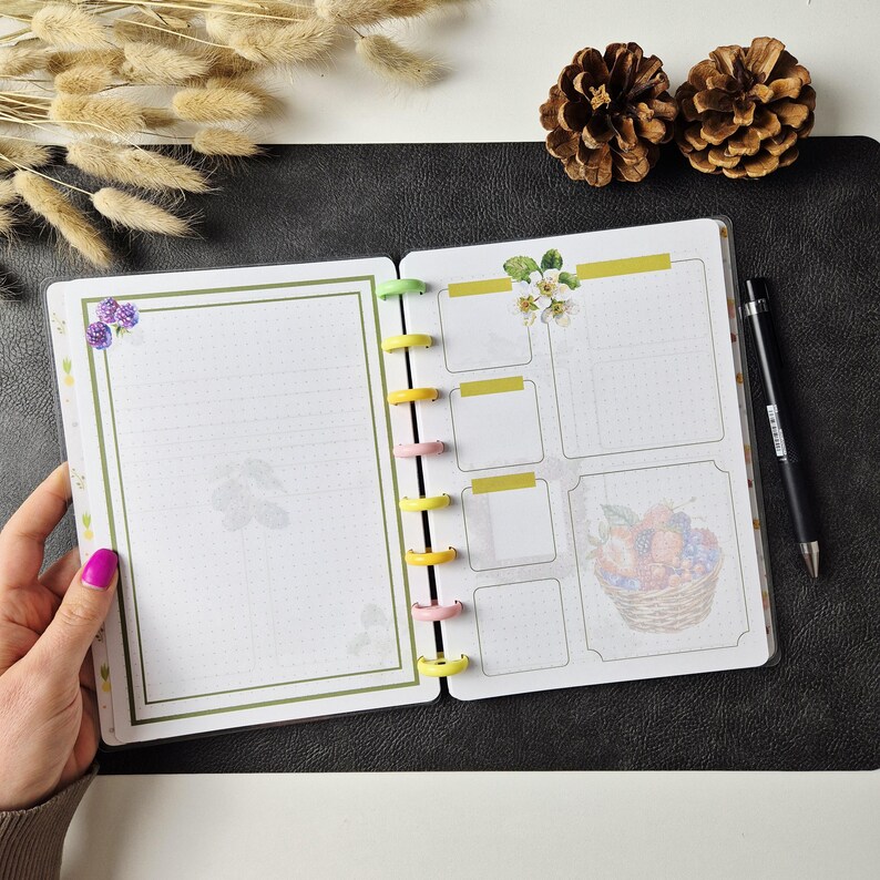 May include: An open disc-bound planner with white dot-grid pages featuring floral and fruit illustrations, including a basket of berries. The planner has colourful plastic discs along the spine and is accompanied by a black ballpoint pen.