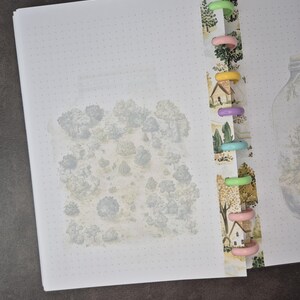 May include: A dot grid journal with a watercolor illustration of a forest scene. The journal has a colorful binding with a forest pattern and multi-colored plastic rings. The pages are white.