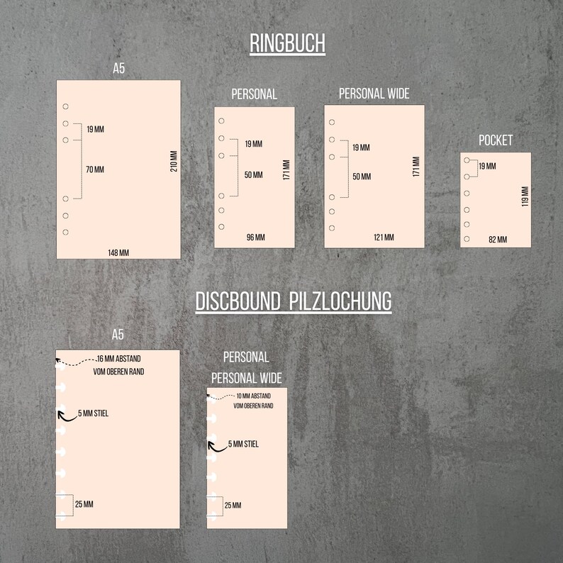 May include: Diagram showing planner paper sizes: A5, Personal, Personal Wide, and Pocket, with measurements in millimetres. Also shows discbound paper sizes. The image includes the text 'RINGBUCH'.