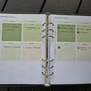 K&ouml;nnte beinhalten: Offener Planer mit dem Titel "Prioritaten Matrix" auf Deutsch. Der Planer ist auf einer Doppelseite mit gr&uuml;nen und beigen K&auml;stchen ge&ouml;ffnet, die mit handschriftlichen Notizen gef&uuml;llt sind. Der Planer ist mit silbernen Ringen gebunden und hat Monatsregister.