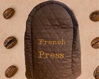 Embroidered French Press Cover Brown Quilted Fabric Ready To Ship