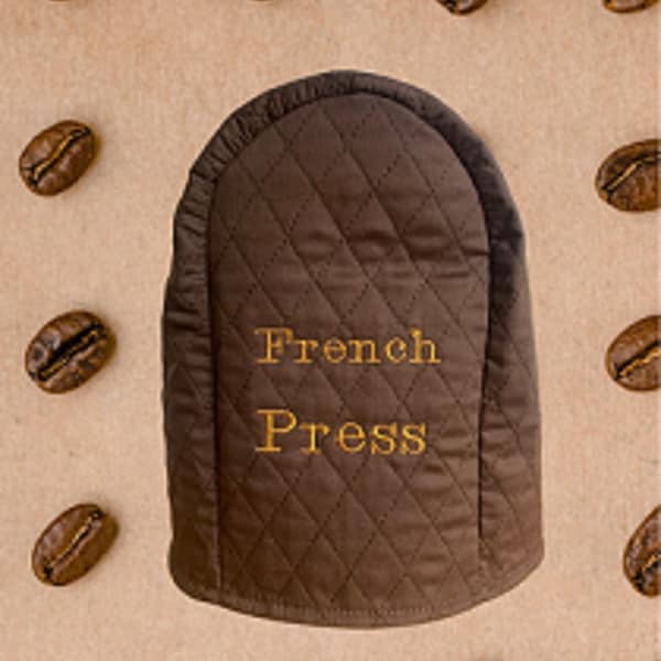 Embroidered French Press Cover Brown Quilted Fabric Ready To Ship