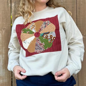 Quilt Patch Sweatshirt, upcycled personalized women’s clothing, cozy cottagecore quilted patchwork handmade heirloom quality trendy fit
