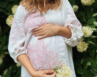 Handmade Linen Dress, Pink Cross Stitch, Puff Sleeves, Cottagecore Gown (S-M)