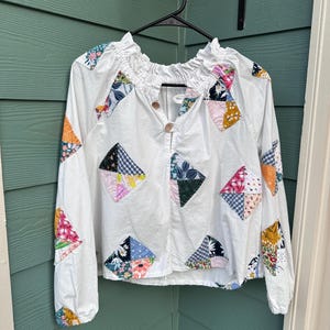 Handstitched Patchwork Shirt, white handmade summer blouse, cottagecore puff sleeved top